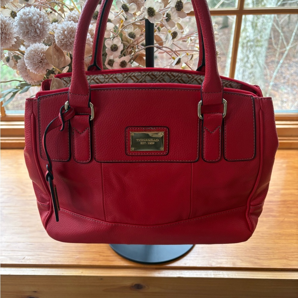 Tignanello Red Satchel with Textured Finish and Gold Accents. Genuine leather.